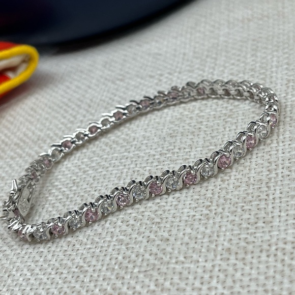 Vintage 925 Sterling Silver Tennis Bracelet – Pink & White CZ Alternating Stones - Picture 15 of 17